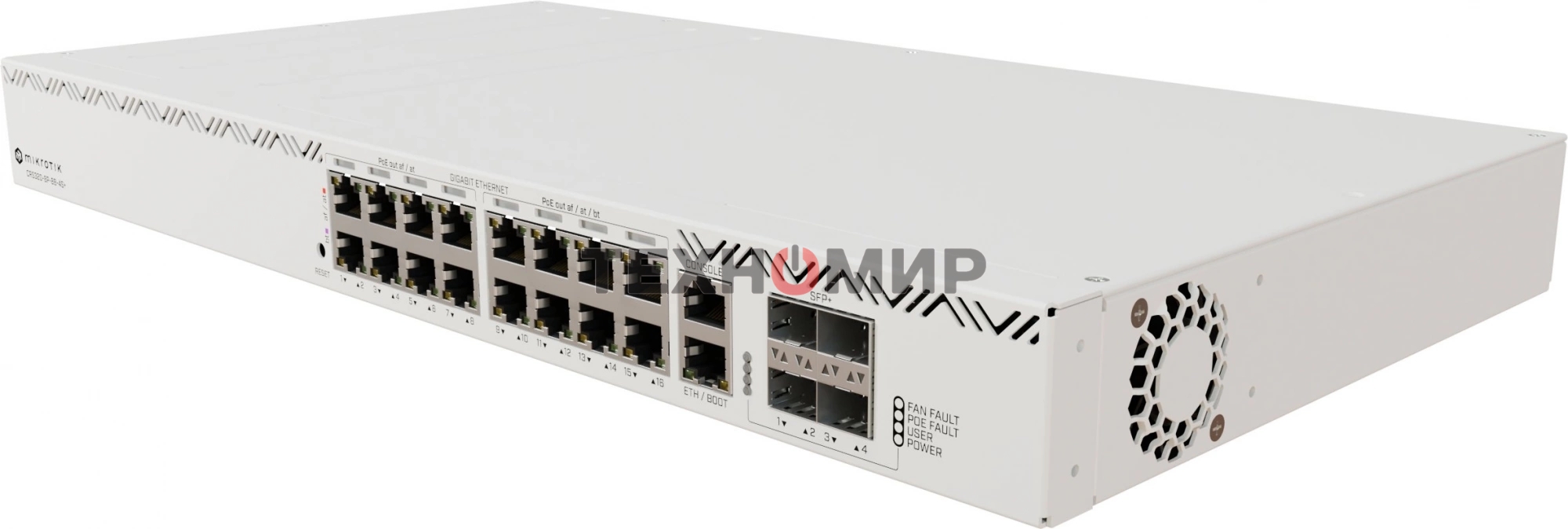 Коммутатор MikroTik CRS320-8P-8B-4S+RM Cloud Router Switch with dual-core 800 MHz CPU, 256 MB RAM, 98DX226S switch chip, 17 x Gigabit Eth ports (8 x 802.3af/at, 8 x 802.3bt PoE-out), 4 x 10G SFP+ ports, RouterOS L5, 1U rackmount enclosure, 600W PSU