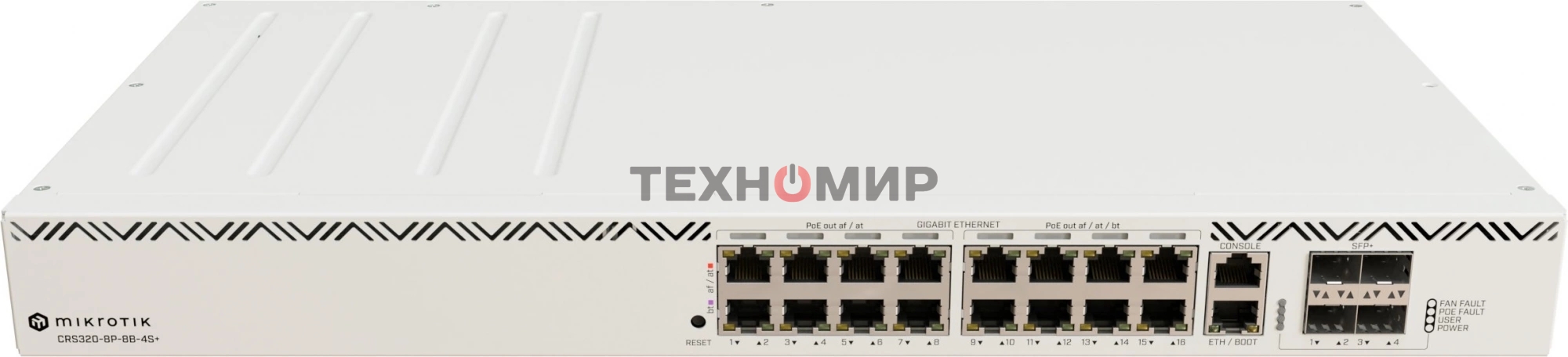 Коммутатор MikroTik CRS320-8P-8B-4S+RM Cloud Router Switch with dual-core 800 MHz CPU, 256 MB RAM, 98DX226S switch chip, 17 x Gigabit Eth ports (8 x 802.3af/at, 8 x 802.3bt PoE-out), 4 x 10G SFP+ ports, RouterOS L5, 1U rackmount enclosure, 600W PSU
