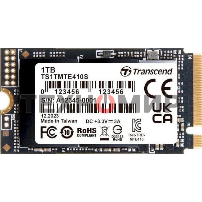Твердотельный накопитель Transcend SSD MTE410S, 1000GB, M.2(22x42mm), NVMe, PCIe 4x4, 3D TLC, R/W 5000/3500MB/s, IOPs 570 000/700 000, TBW 600, DWPD 0.33, DRAM-less (5 лет)