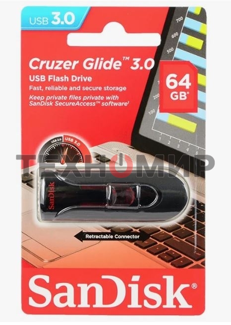 Флешка USB Sandisk CZ600 Cruzer Glide (SDCZ600-064G-G35), 64Gb, USB 3.0, R/W 10/20, черный