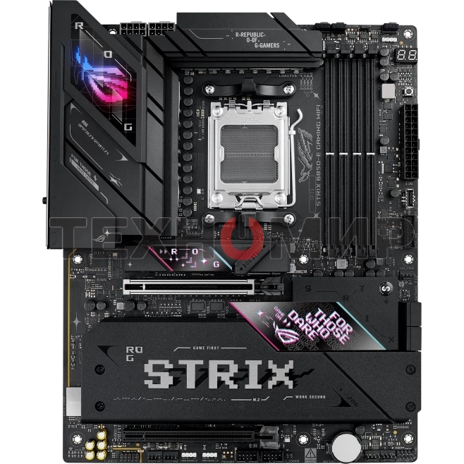 Материнская плата ASUS ROG STRIX B850-E GAMING WIFI, AM5, AMD B850, 4xDDR5, 4xSATA, 5xM.2, 1xPCI-E 5.0 x16, 1xPCI-E 4.0 x16, 1xRealtek 5Gb Ethernet, 1xUSB-C 4, 1xUSB-C 20Gbps, 6xUSB-A 10Gbps, 4xUSB-A 2.0, 3x3.5 мм, 7.1, ATX