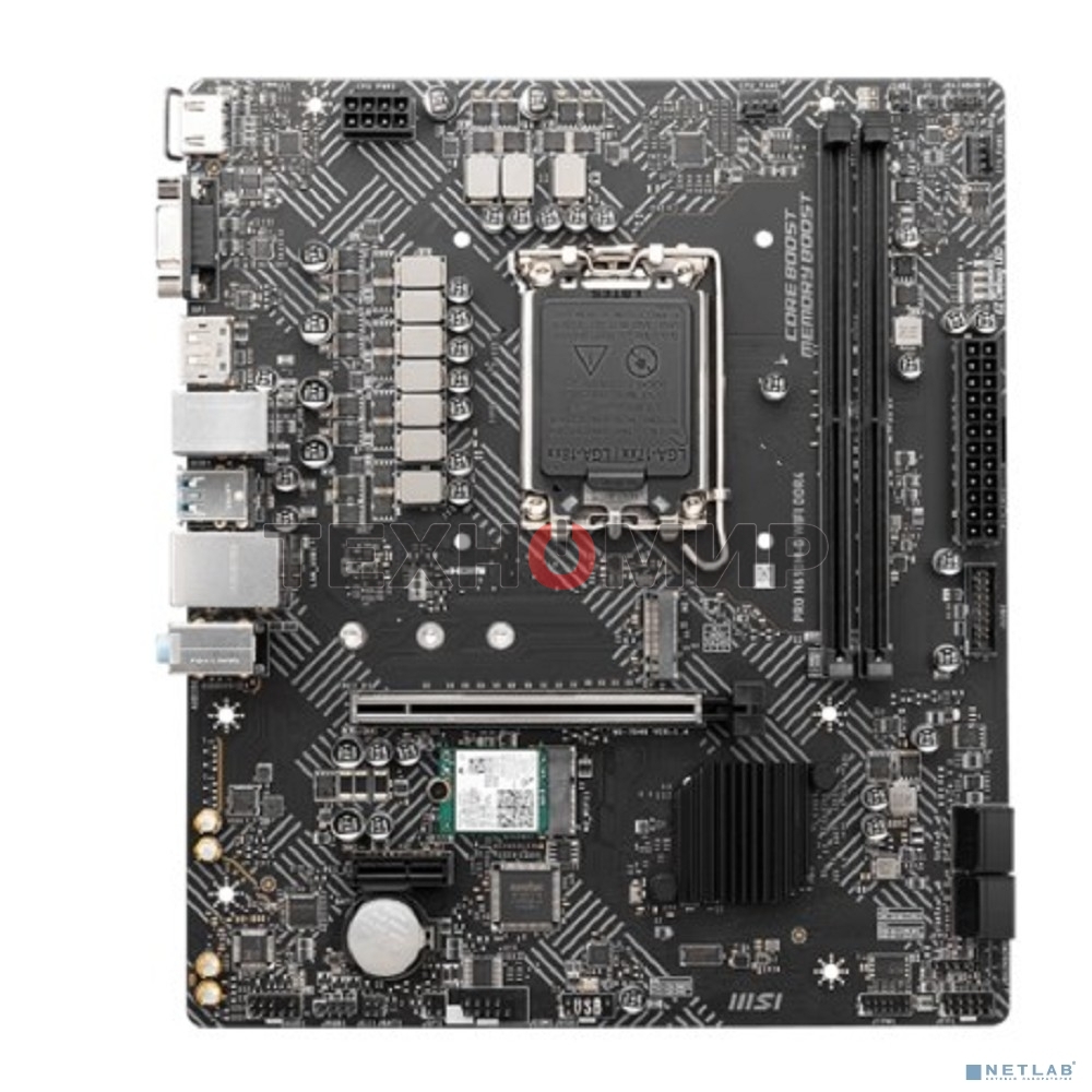 Материнская плата MSI PRO H610M-G WIFI DDR4, Socket LGA 1700, Intel H610, 2xDDR4, 4xSATA, 1xM.2, 1xPCIe 4.0 x16, 1xPCIe 3.0 x1, 1xHDMI, 1xDP, 1xVGA, 1x 1Gb LAN, 4xUSB-A 2.0, 2xUSB-A 5Gbps, 3x3.5 мм, 7.1, mATX