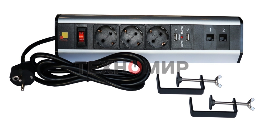 Блок розеток: 3 эл. модуля, 2 USB модуля, 2 порта кат.6