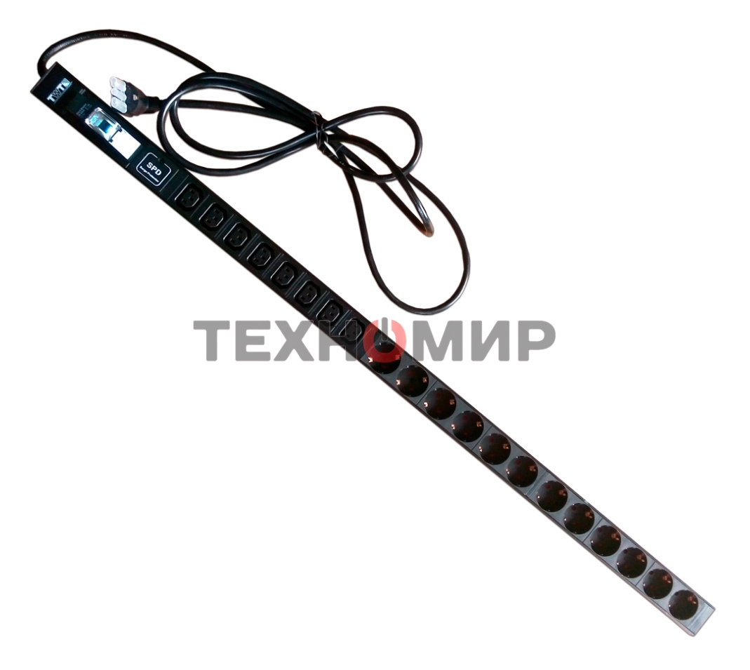 Вертикальный блок розеток, 12xSchuko + 8xC13, 250V, 16A, шнур 3 метра, вилка Schuko