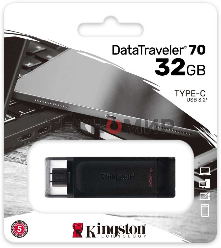 Флешка USB Kingston DataTraveler DT70 (DT70/64Gb), 64Gb, USB-C 3.2 Gen 1, R/W 70/45, черный