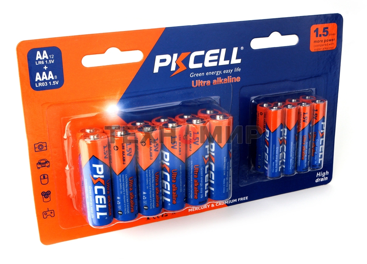 Щелочной/алкалиновый элемент питания PKCELL LR6(12)+LR03(8) тип - AAА 8 шт + АА 12 шт в блистере