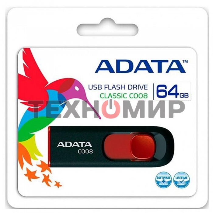 Флешка USB ADATA С008 (AC008-64G-RKD), 64Gb, USB 2.0, R/W 15/5, черный/красный