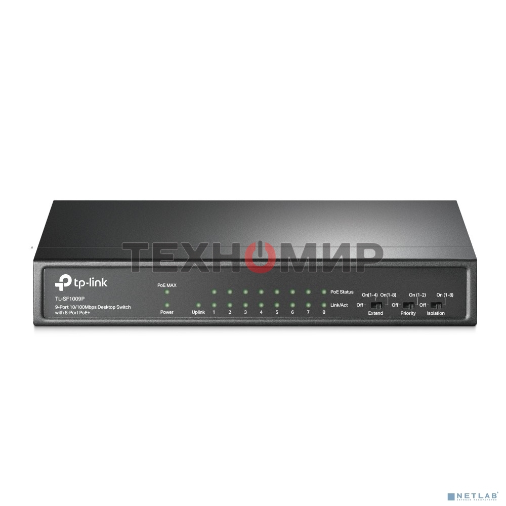 Коммутатор 9-port 10/100Mbps unmanaged switch with 8 PoE+ ports, compliant with 802.3af/at PoE, 65W PoE budget, support 250m Extend Mode, Priority mode and Isolation mode, desktop mount, plug and play.