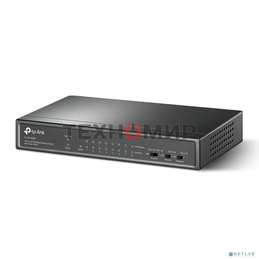 Коммутатор 9-port 10/100Mbps unmanaged switch with 8 PoE+ ports, compliant with 802.3af/at PoE, 65W PoE budget, support 250m Extend Mode, Priority mode and Isolation mode, desktop mount, plug and play.
