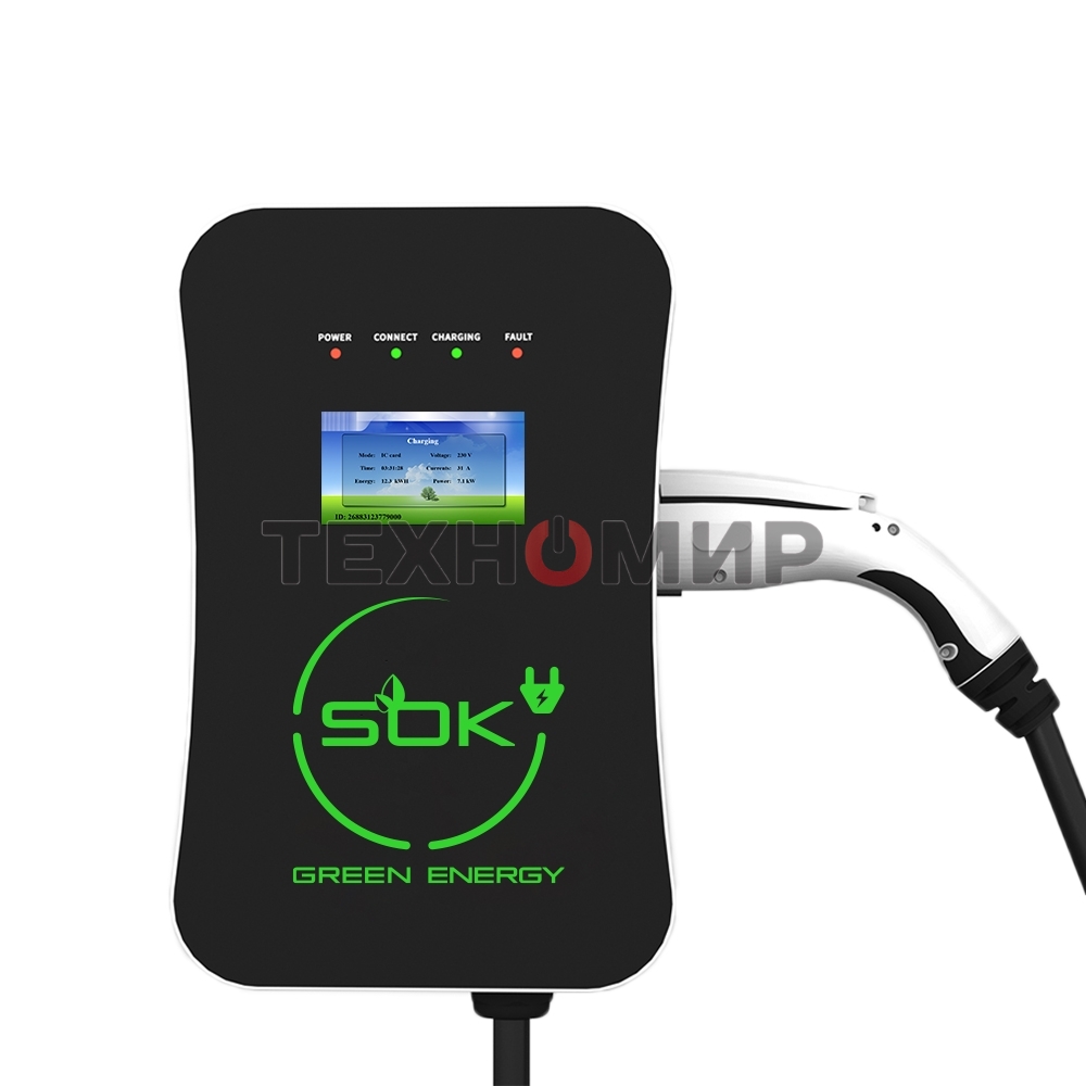 Зарядная станция S'OK Green Energy серии M3W Wallbox EV Charger SM3W10732542-7, 1-фаза, 7кВт (32А/220В), OCPP 1.6J, уровень защиты IP54, кабель 7.5м