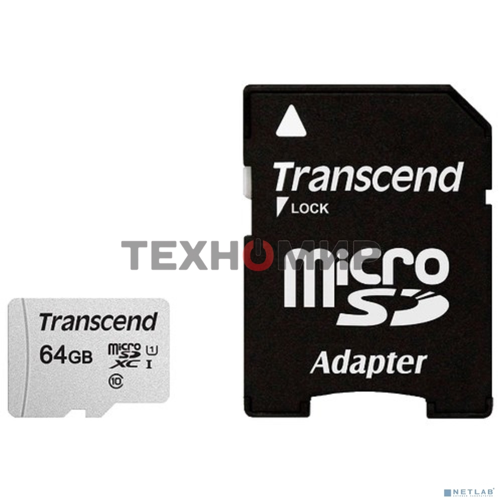 Флеш карта Micro SecureDigital 64Gb Transcend Class 10 TS64GUSD300S-A MicroSDXC Class 10 UHS-I, SD adapter