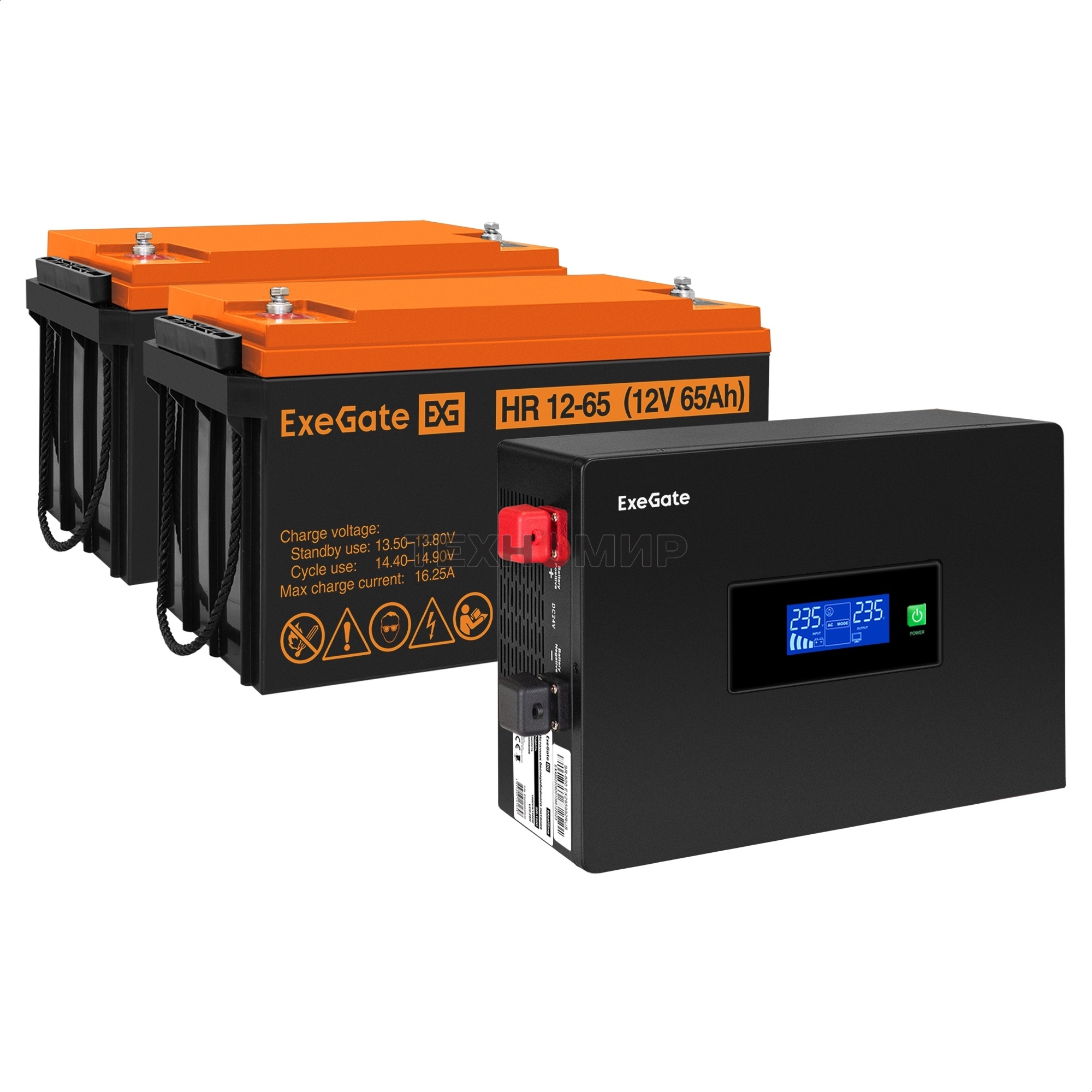 Комплект источника бесперебойного питания Exegate EX295994RUS + батарея 65Aч EX282982RUS 2шт (инвертор, синус, для котла, PF=1, настенный) ExeGate IdealSine SR-1500.LCD.2SH  1500VA/1500W, чистая синусоида, цветной LCD-дисплей, 2*Schuko, крепление настенно