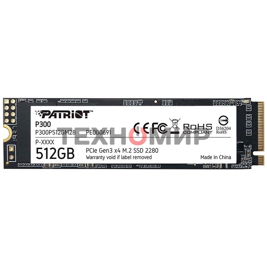 Накопитель SSD Patriot P300, 512Gb, PCIe 3.0 x4, M.2 2280, NVMe, R/W 1700/1200