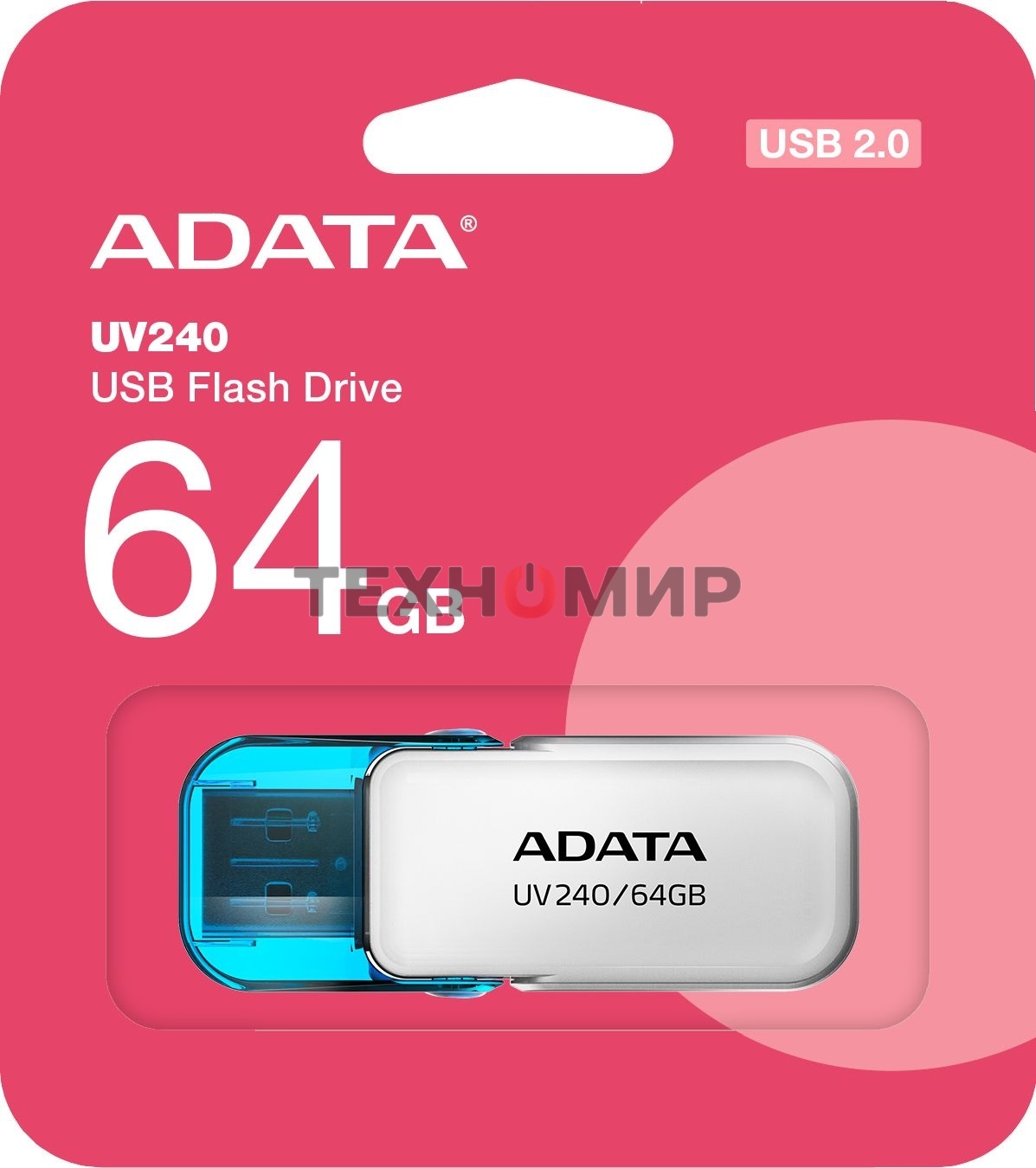Флешка USB ADATA UV240 (AUV240-64G-RWH), 64Gb, USB 2.0, R/W 15/5, белый/синий