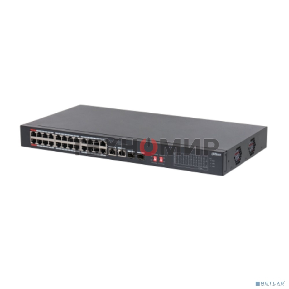 Коммутатор неуправляемый 24-портовый DAHUA DH-S3226-24ET-240 с РоЕ, 24xRJ45 100Mb PoE, 2хКомбо SFP/RJ45 1Gb uplink, суммарно 240Вт, коммутация 8.8 Гбит/с, MAC-таблица 8К