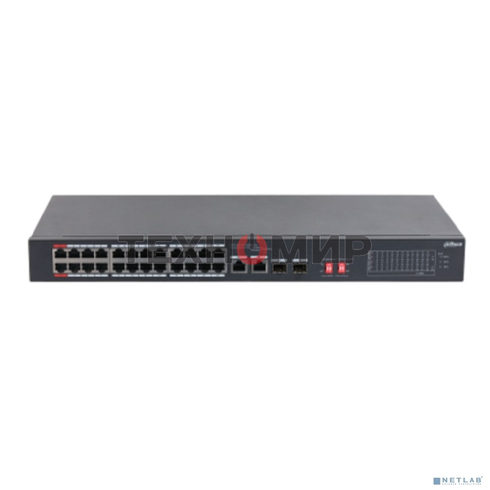 Коммутатор неуправляемый 24-портовый DAHUA DH-S3226-24ET-240 с РоЕ, 24xRJ45 100Mb PoE, 2хКомбо SFP/RJ45 1Gb uplink, суммарно 240Вт, коммутация 8.8 Гбит/с, MAC-таблица 8К