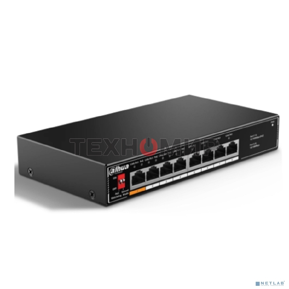 Коммутатор неуправляемый 8-портовый с РоЕ Dahua DH-SF1008LP, 4xRJ45 100Mb PoE, 4xRJ45 100Mb, суммарно 60Вт, коммутация 1.8 Гбит/с, MAC-таблица 2K, металл