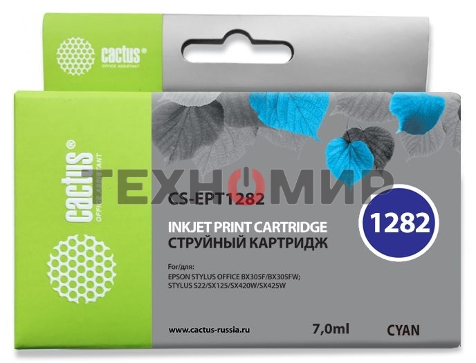 Картридж струйный Cactus CS-EPT1282 (T1282) голубой (7 мл) для Epson Stylus S22/S125/SX420/SX425/Office BX305