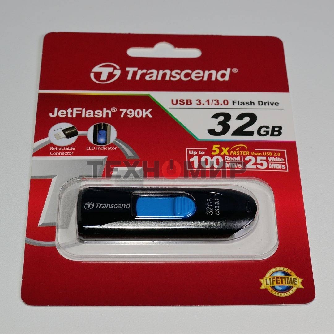 Флешка USB Transcend Jetflash 790 (TS32GJF790K), 32Gb, USB 3.0, R/W 70/25, черный/синий
