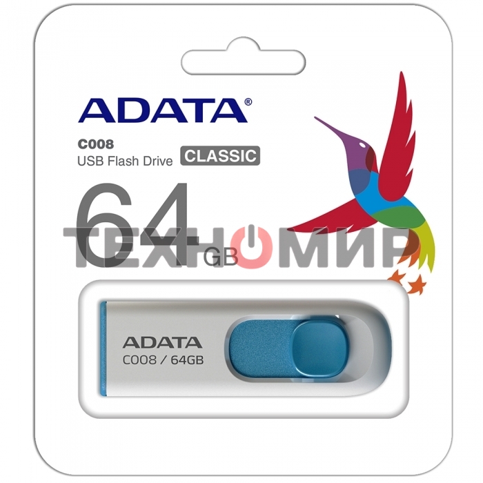 Флешка USB ADATA С008 (AC008-64G-RWE), 64Gb, USB 2.0, R/W 15/5, белый/синий