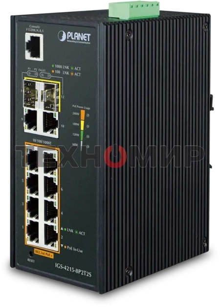 Коммутатор индустриальный PoE IGS-4215-8P2T2S для монтажа в DIN-рейку IP30 Industrial L2/L4 8-Port 10/100/1000T 802.3at PoE + 2-Port 10/100/100T + 2-Port 100/1000X SFP Managed Switch (-40~75 degrees C), dual redundant power input on 48~56VDC terminal bloc