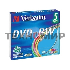 Диск DVD-RW Verbatim 4.7Gb 4x Slim case (5шт) Color (43563)