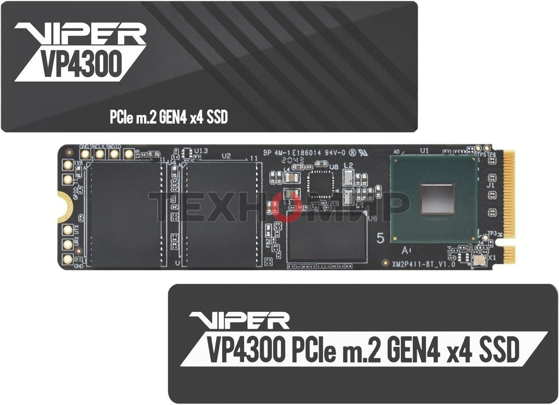 Накопитель SSD Patriot Viper VP4300, 1Tb, PCIe 4.0 x4, M.2 2280, NVMe, R/W 7400/5500, с радиатором