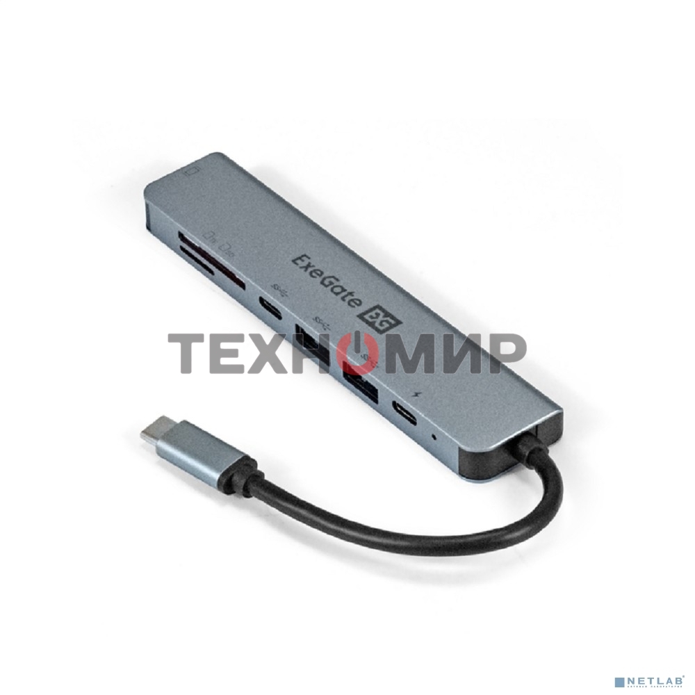 USB-концентратор ExeGate EX293983RUS DUB-21C/PD/CR/H (кабель-адаптер USB Type-C --> 2xUSB3.0 + Card Reader + PD 100W + HDMI 4K@60Hz, Plug&Play, серый)
