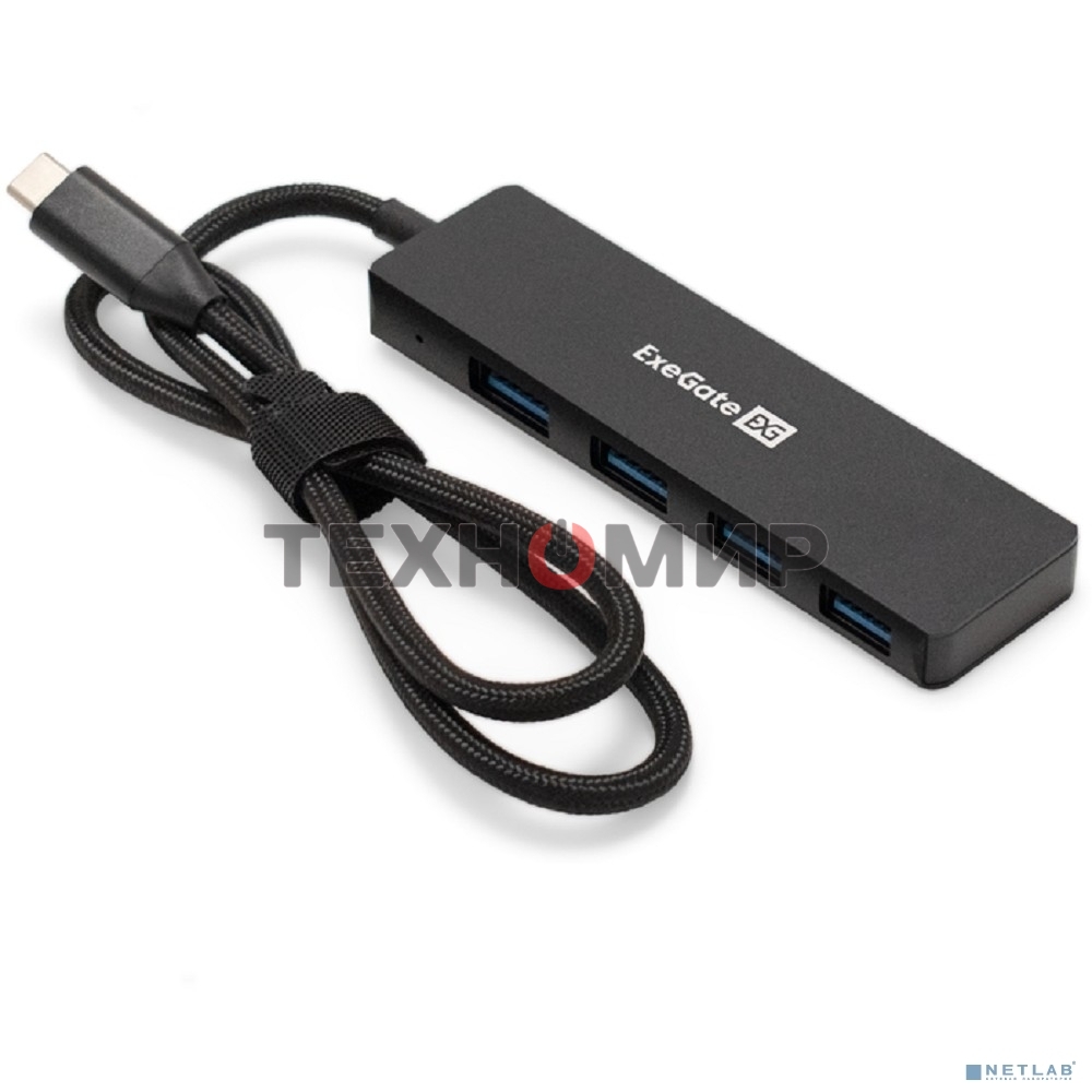 USB-концентратор 4-в-1 ExeGate DUB-4C/3 (кабель-адаптер USB Type C --> 4xUSB3.0, Plug&Play, черный)