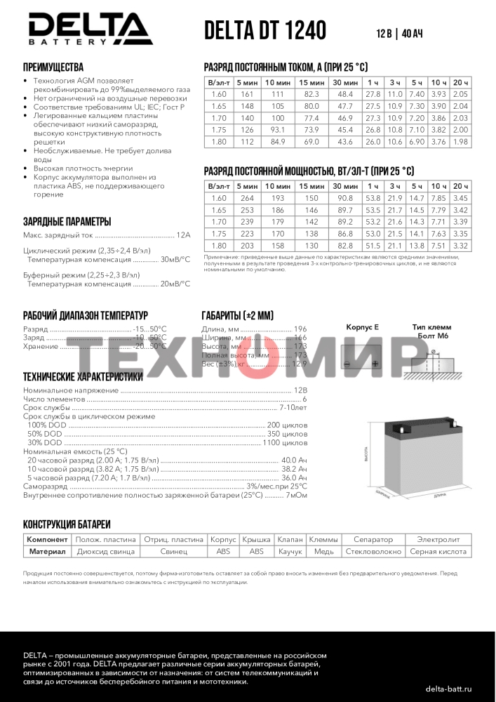 Батарея для ИБП Delta DT 1240 (12V, 40Ah)