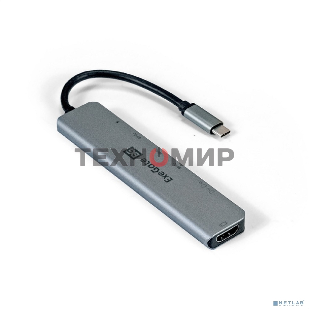 USB-концентратор ExeGate EX293983RUS DUB-21C/PD/CR/H (кабель-адаптер USB Type-C --> 2xUSB3.0 + Card Reader + PD 100W + HDMI 4K@60Hz, Plug&Play, серый)