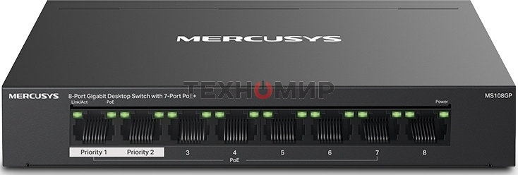 Коммутатор настольный Mercusys MS108GP с 8 гигабитными портами (7 портов PoE+)