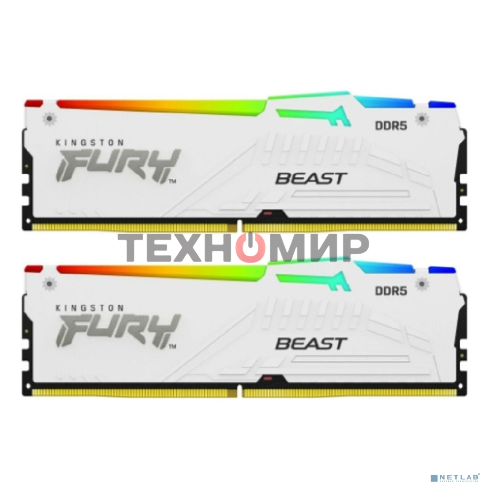 Оперативная память Kingston Fury Beast, DDR5, 32Gb (2x16Gb), 5600MHz, CL40, DIMM, с радиаторами, RGB, белый