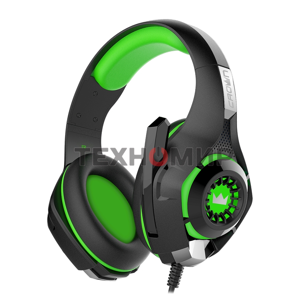 Гарнитура проводная игровая CROWN CMGH-102T Black&green (Подключение USB, встроенная аудио карта, Частотный диапазон: 20Гц-20,000 Гц,Кабель 2.1м,Размер D 250мм)
