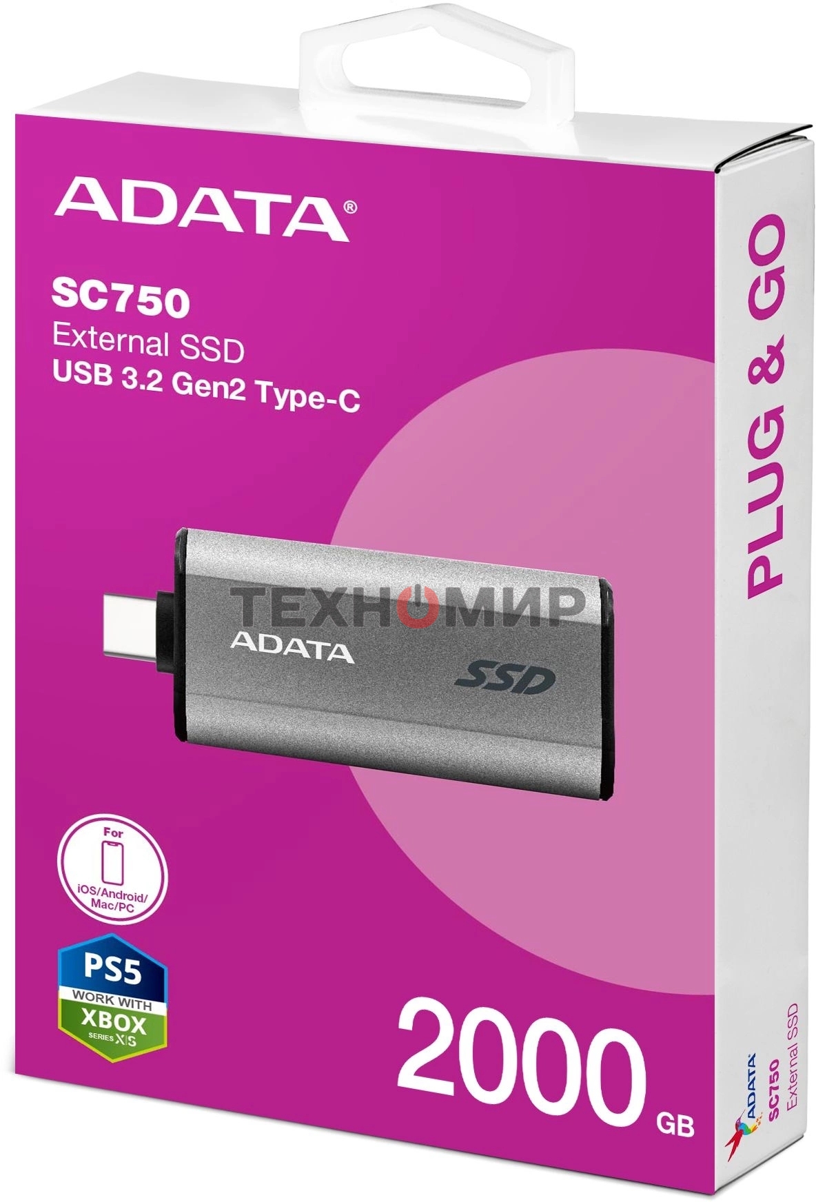 Внешний SSD ADATA SC750, 2TB, USB 3.2 Gen 2 Type-C, R/W 1050/1000, черный