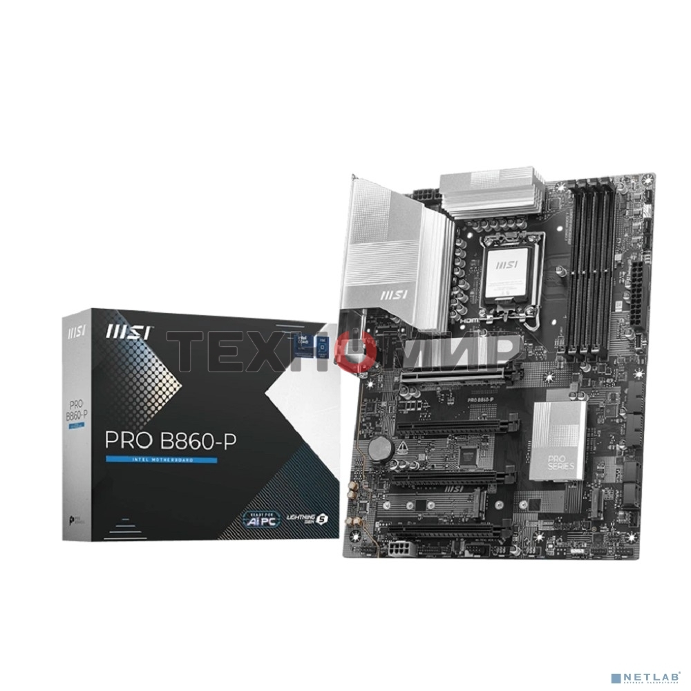 Материнская плата MSI PRO B860-P, LGA 1851, Intel B860, 4xDDR5, 4xSATA, 3xM.2, 1xPCIe 5.0 x16, 1xPCIe 4.0 x4, 2xPCIe 4.0 x1, 1xHDMI, 1xDP, 1xUSB-C, 1x 5Gb LAN, 2xUSB-A 3.2 Gen 2, 2xUSB-A 3.2 Gen 1, 4xUSB-A 2.0, 3x3.5 мм, 7.1, ATX