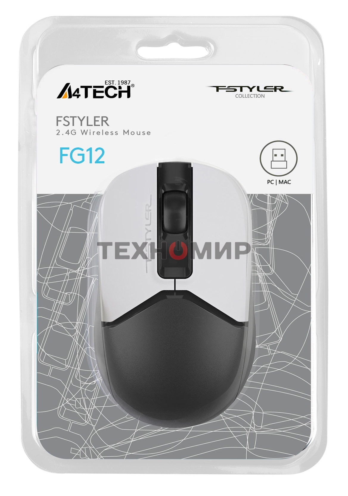 Мышь беспроводная A4Tech Fstyler FG12 белый/черный, 1200 dpi, радиоканал, USB, кнопки - 3