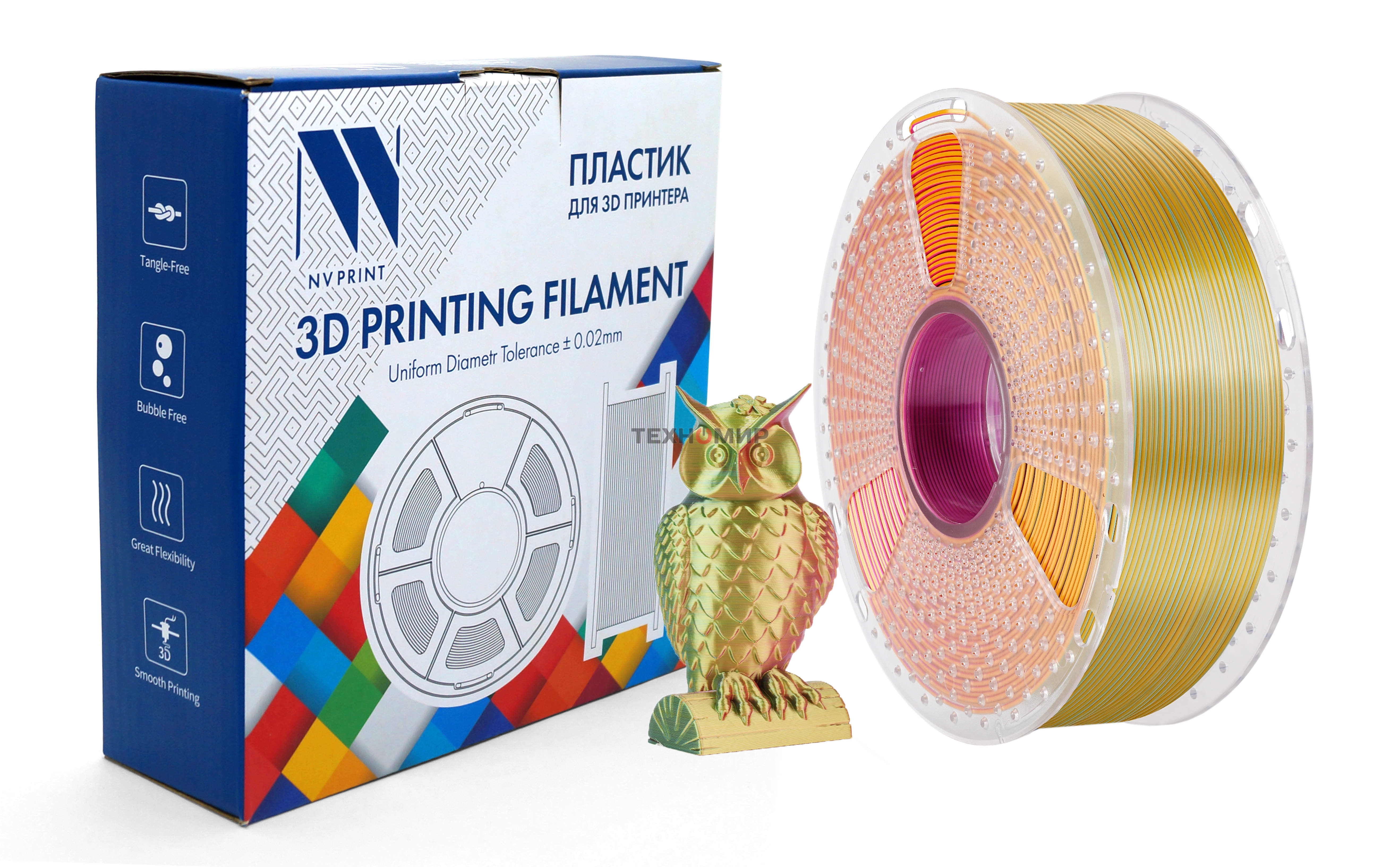 Филамент NVPrint Silk PLA+ Red/Yellow/Green для 3D печати диаметр 1.75мм длина 330 метров масса 1 кг