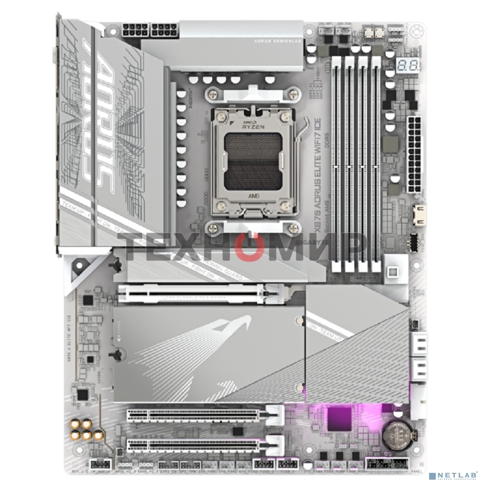 Материнская плата Gigabyte X870 AORUS ELITE WIFI7 ICE, AM5, AMD X870, 4xDDR5, 4xSATA, 4xM.2, 1xPCI-E 5.0 x16, 1xPCI-E 4.0 x4, 1xPCI-E 3.0 x2, 1xHDMI, 1x 2.5Gb LAN, 2xUSB-C 4.0, 2xUSB 3.2 Gen 2, 4xUSB 3.2 Gen 1, 4xUSB 2.0, 2x3.5 мм, 7.1, ATX
