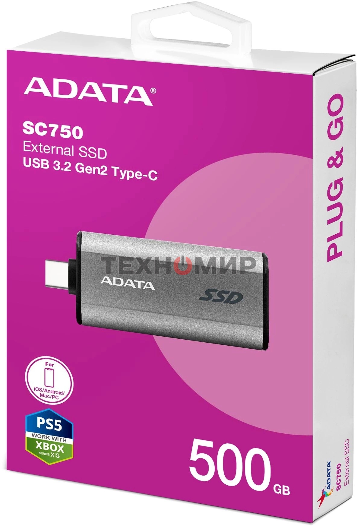 Внешний SSD ADATA SC750, 500Gb, USB 3.2 Gen 2 Type-C, R/W 1050/1000, черный