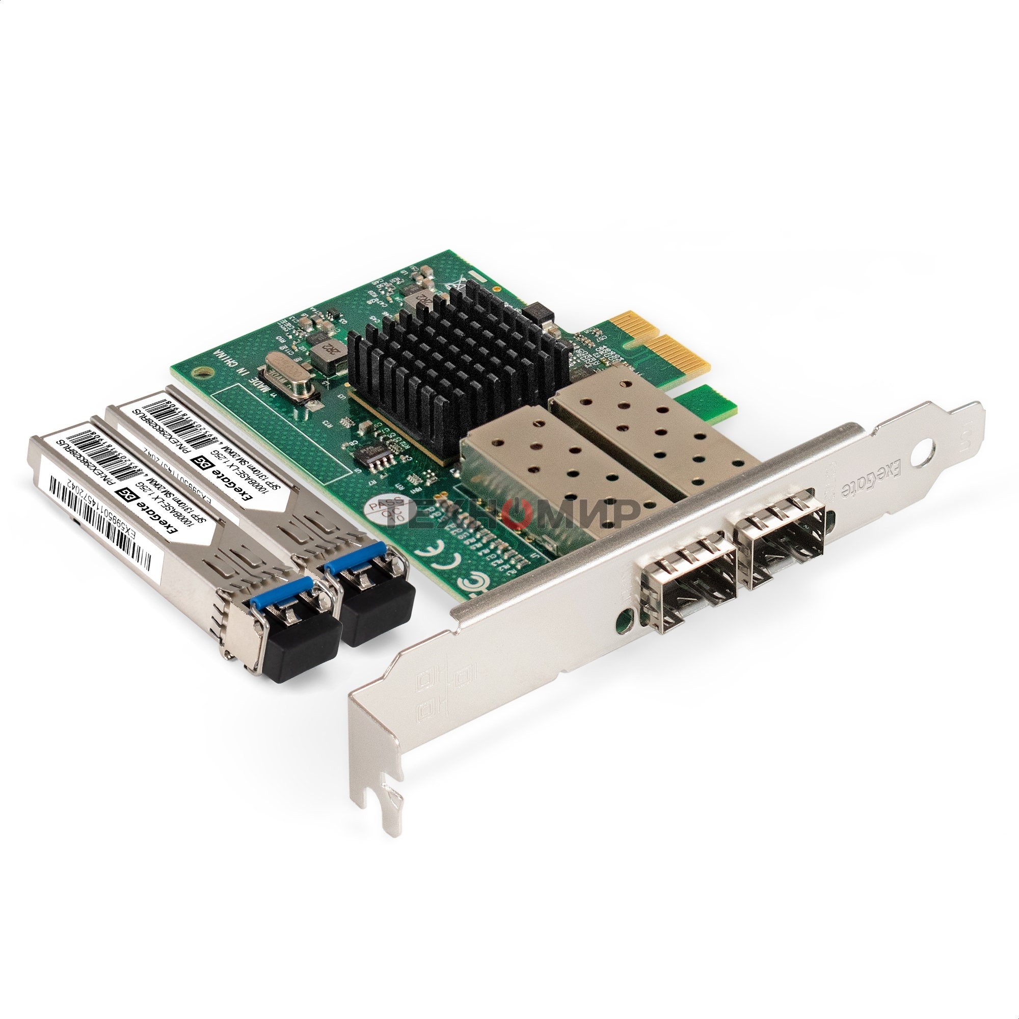 Комплект: Сетевой адаптер SFP ExeGate EXE-82576-F2 + Трансивер Single-Mode до 20км ExeGate EXT-1G-SM1310-LC2-20KM (EX296229RUS: PCI-E x1 v2.0, порты 2x SFP (10/100/1000Mb/s), Gigabit Server NIC Intel Chipset 82576-F2 + EX298328RUS: Tx:1310/Rx:1310 нм, до 