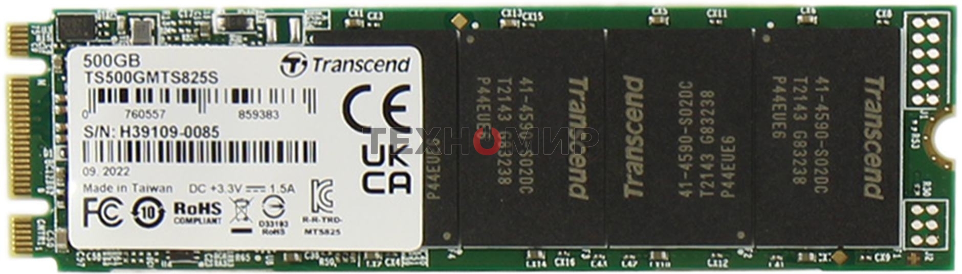 Накопитель SSD M.2 Transcend 500Gb MTS825 TS500GMTS825S (SATA3, up to 530/480MBs, 3D NAND, 180TBW, 22x80мм)