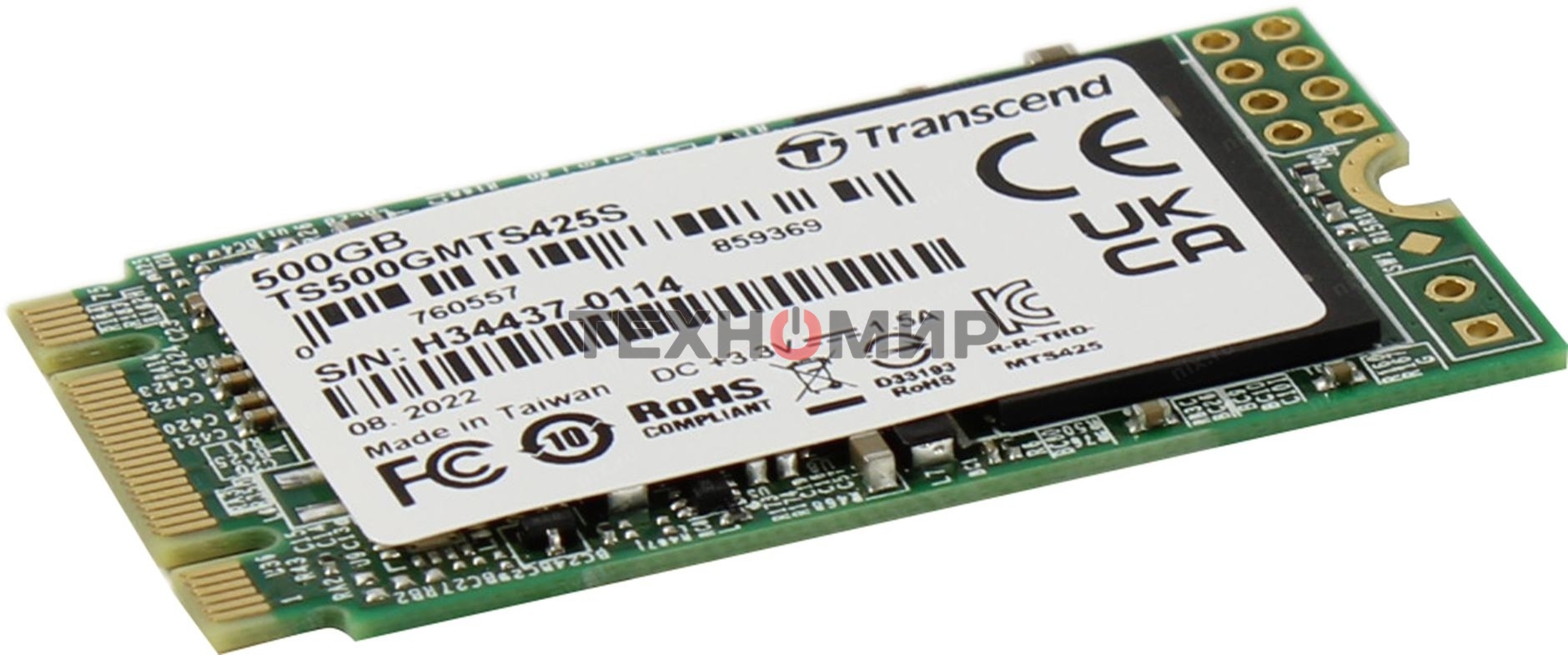 Накопитель SSD M.2 Transcend 500Gb MTS425 TS500GMTS425S (SATA3, up to 530/480MBs, 3D NAND, 180TBW, 22x42мм)