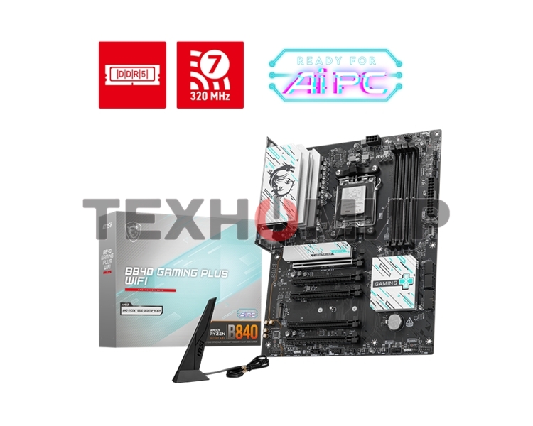 Материнская плата MSI B840 GAMING PLUS, Socket AM5, AMD B840, 4xDDR5, 4xSATA, 2xM.2, 1xPCI-E 4.0 x16, 1xPCI-E 3.0 x4, 3xPCI-E 3.0 x1, 1xHDMI, 1x 2.5Gb LAN, 4xUSB-A 2.0, 2xUSB-A 5Gbps, 1xUSB-C 5Gbps, 1xUSB-A 10Gbps, 1xUSB-C 10Gbps, 3x3.5 мм, 7.1, ATX