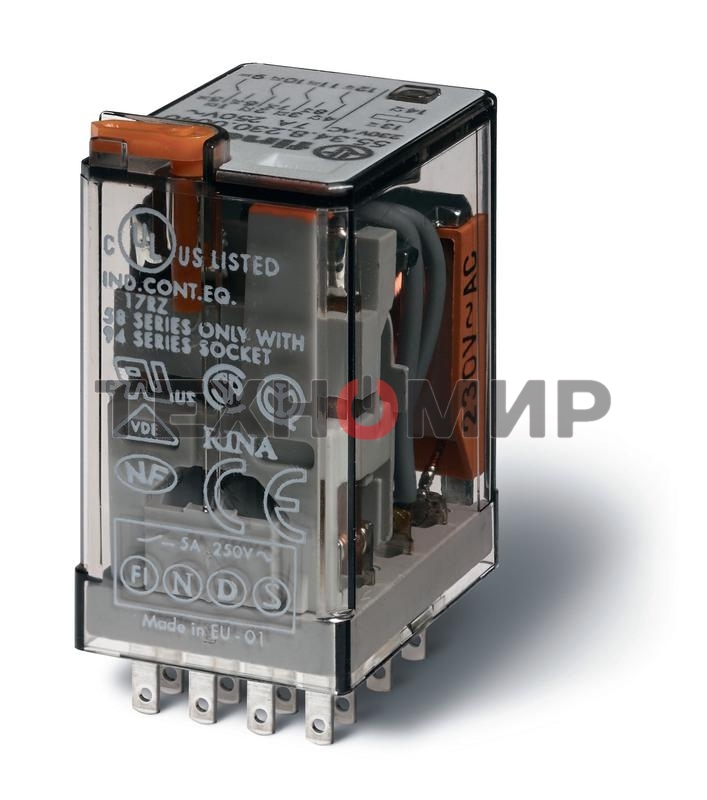 Реле миниатюрное универсальное монтаж в розетку контакты AgNi 4CO 7A блокируемая кнопка Тест+индикатор