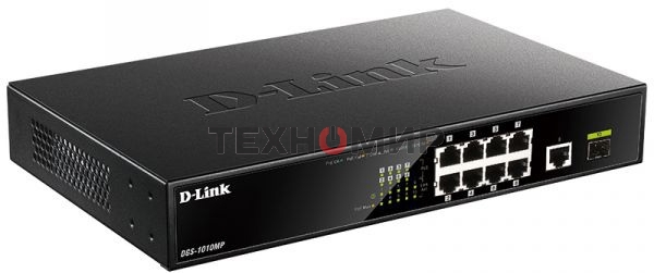 Коммутатор D-Link DGS-1010MP/A1A, L2 Unmanaged Switch with 9 10/100/1000Base-T portsand 1 1000Base-X SFPports(8 PoE ports 802.3af/802.3at (30 W), PoE Budget 125 W)