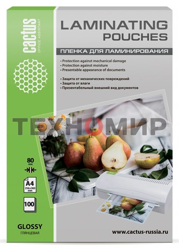 Пленка для ламинирования Cactus 80мкм A4 (100 шт) глянцевая 216x303 мм CS-LPGA480100