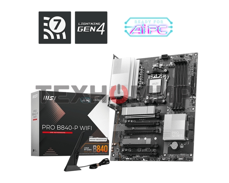 Материнская плата MSI PRO B840-P WIFI, Socket AM5, AMD B840, 4xDDR5, 4xSATA, 2xM.2, 1xPCI-E 4.0 x16, 1xPCI-E 3.0 x4, 3xPCI-E 3.0 x1, 1xHDMI, 1x 2.5Gb LAN, 4xUSB-A 2.0, 2xUSB-A 5Gbps, 1xUSB-C 5Gbps, 1xUSB-A 10Gbps, 1xUSB-C 10Gbps, 3x3.5 мм, 7.1, ATX