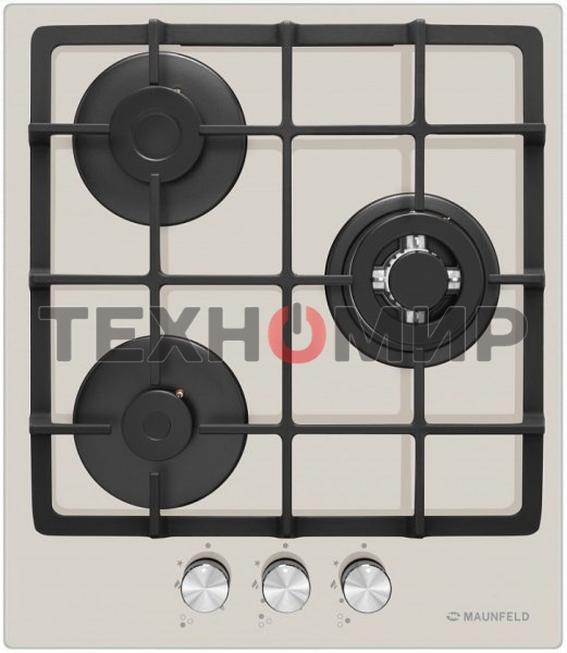 Газовая варочная панель Maunfeld EGHG.43.33CBG/G газ, ширина 45 см, 3 конфорки, WOK, чугунные решетки, газ-контроль, электроподжиг, бежевый