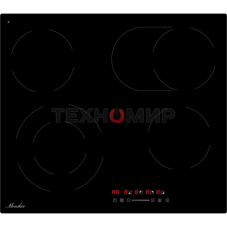 Варочная поверхность Monsher MHE 6013, электрическая, Hi-Light, 9 уровней мощности, бустер, автоматическое отключение, таймер, индикатор остаточного тепла, сенсорное управление, черный